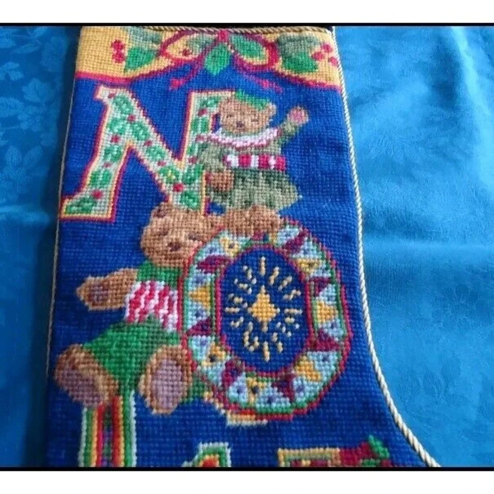 Christmas Stocking Needlepnt NOEL Bears Navy Blue‎ Velvet Gold Trim X Stitch EUC